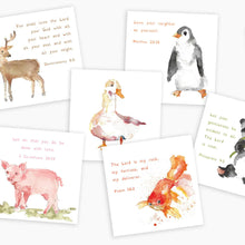 Load image into Gallery viewer, Introducing our Children&#39;s Scripture Cards, now with updated artwork by Anne Neilson featuring whimsical watercolor animals. This set includes 26 precious memory verses to begin your children&#39;s faith journey. Our hope is that by memorizing God&#39;s word, your children will find strength in their pursuit of faith, protection, peace, hope, and joy.
