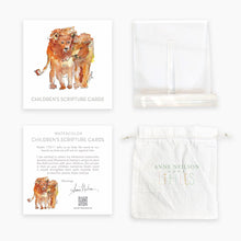 Load image into Gallery viewer, Introducing our Children&#39;s Scripture Cards, now with updated artwork by Anne Neilson featuring whimsical watercolor animals. This set includes 26 precious memory verses to begin your children&#39;s faith journey. Our hope is that by memorizing God&#39;s word, your children will find strength in their pursuit of faith, protection, peace, hope, and joy.
