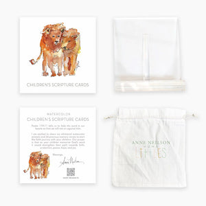 Introducing our Children's Scripture Cards, now with updated artwork by Anne Neilson featuring whimsical watercolor animals. This set includes 26 precious memory verses to begin your children's faith journey. Our hope is that by memorizing God's word, your children will find strength in their pursuit of faith, protection, peace, hope, and joy.