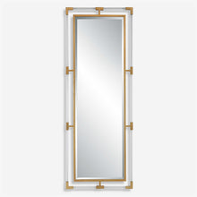 Load image into Gallery viewer, The Christine floor-length mirror is created with forged iron and completed with a metallic gold leaf finish. It has suspended clear acrylic bars for a contemporary touch. The bevel is 1 1/4&quot; and it can be hung in either a horizontal or vertical position.
