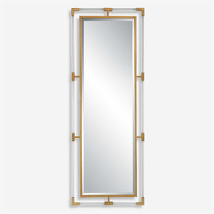 The Christine floor-length mirror is created with forged iron and completed with a metallic gold leaf finish. It has suspended clear acrylic bars for a contemporary touch. The bevel is 1 1/4" and it can be hung in either a horizontal or vertical position.