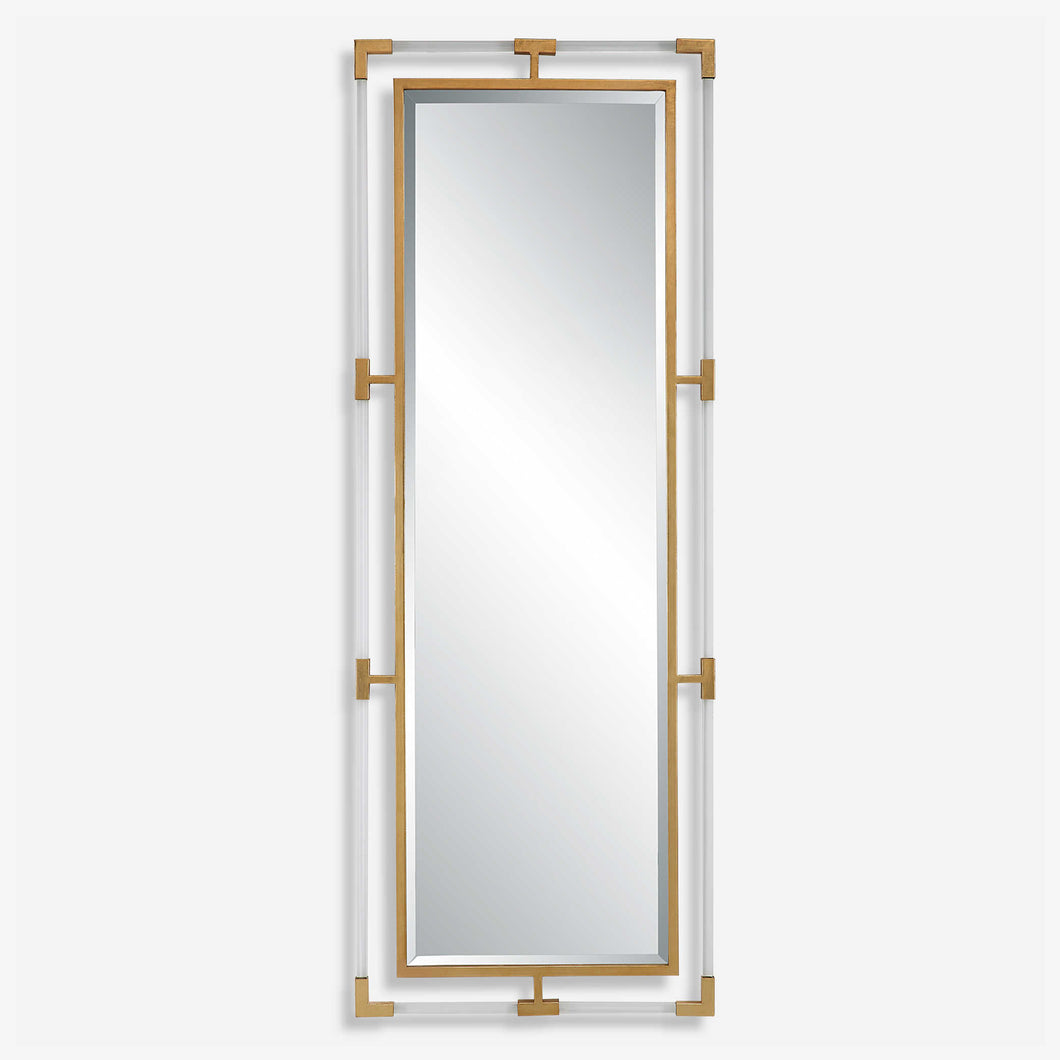 The Christine floor-length mirror is created with forged iron and completed with a metallic gold leaf finish. It has suspended clear acrylic bars for a contemporary touch. The bevel is 1 1/4