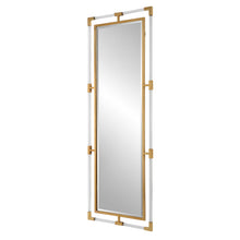 Load image into Gallery viewer, The Christine floor-length mirror is created with forged iron and completed with a metallic gold leaf finish. It has suspended clear acrylic bars for a contemporary touch. The bevel is 1 1/4&quot; and it can be hung in either a horizontal or vertical position.
