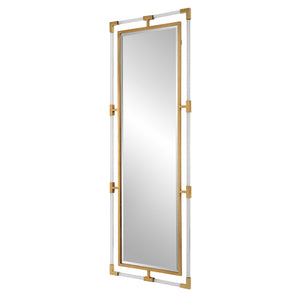 The Christine floor-length mirror is created with forged iron and completed with a metallic gold leaf finish. It has suspended clear acrylic bars for a contemporary touch. The bevel is 1 1/4" and it can be hung in either a horizontal or vertical position.