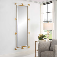 Load image into Gallery viewer, The Christine floor-length mirror is created with forged iron and completed with a metallic gold leaf finish. It has suspended clear acrylic bars for a contemporary touch. The bevel is 1 1/4&quot; and it can be hung in either a horizontal or vertical position.
