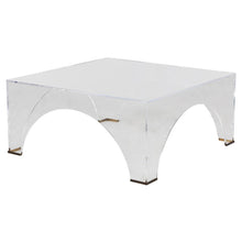 Load image into Gallery viewer, Crafted from clear acrylic, the Cindy Coffee Table boasts a sophisticated and elegant design, with a unique arched shape and brushed brass accents. Its transparency allows for an open and airy feel, complementing any space.
