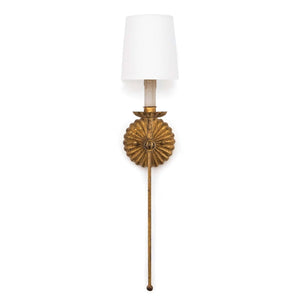 This sconce exudes a sense of opulence with its antique gold leaf finish on the backplate, bobeches, and elongated stem. The candle, reminiscent of antique designs, supports a modern shade. Whether in modern or traditional interiors, the Clove sconce will add a touch of elegance, making it perfect for flanking a fireplace in a living room.