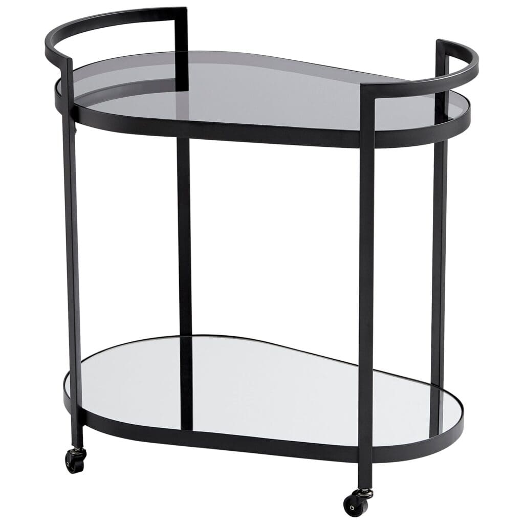 The Cosmo bar cart exudes a harmonious blend of contemporary and luxurious components. Its sleek design is inspired by geometry, featuring clean lines and oval surfaces. With a sturdy metal frame, this portable serving station boasts two levels of tempered glass. The caster lock wheels provide the perfect mobility for serving your guests on the move. Impress at your next gathering by offering your favorite drinks directly from the elegant Cosmo bar cart.