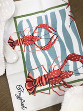 Load image into Gallery viewer, Celebrate crawfish season all year long with this colorful hand-screen printed tea towel, featuring illustrations by local artist Kathy Schorr. It&#39;s the perfect addition to your boil that won&#39;t pinch back!
