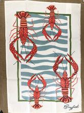 Load image into Gallery viewer, Celebrate crawfish season all year long with this colorful hand-screen printed tea towel, featuring illustrations by local artist Kathy Schorr. It&#39;s the perfect addition to your boil that won&#39;t pinch back!
