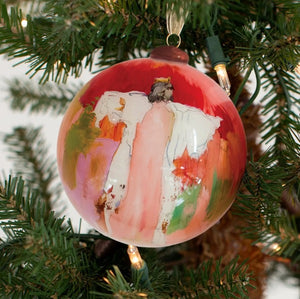 Elevate your holiday decor with Anne Neilson's exclusive, limited edition Christmas ornaments. Each one is meticulously hand-painted from an original Anne Neilson artwork, making them a unique fusion of art and festive spirit. Share these treasured ornaments with loved ones or keep them as luxurious keepsakes. Ornament is a 3" glass ball with gold ribbon.