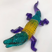 Load image into Gallery viewer, Hand-painted venetian crystal gator, in traditional Mardi Gras colors of purple, green and gold.
