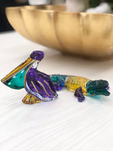 Load image into Gallery viewer, Hand-painted venetian crystal gator, in traditional Mardi Gras colors of purple, green and gold.
