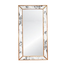 Load image into Gallery viewer, The Dion floor mirror, with its antique finish, is a must-have for adding a touch of modern glamor to any space. Its faceted frame, outlined by a delicate border of gold leaf, serves as a work of art in its own right. Whether as an elegant addition to a dressing room or a striking focal point hangs horizontally over an entryway console, Dion is the perfect choice.
