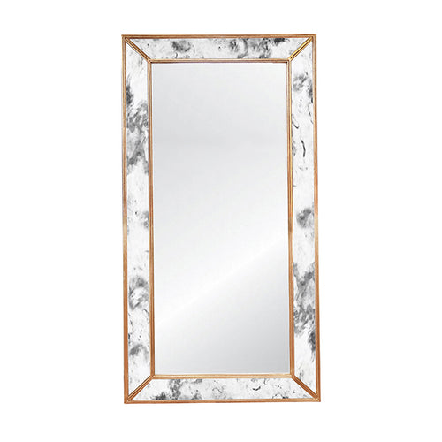 The Dion floor mirror, with its antique finish, is a must-have for adding a touch of modern glamor to any space. Its faceted frame, outlined by a delicate border of gold leaf, serves as a work of art in its own right. Whether as an elegant addition to a dressing room or a striking focal point hangs horizontally over an entryway console, Dion is the perfect choice.