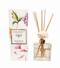 Load image into Gallery viewer, Discover the power of scent in any space with our Dragonfly Floral Reed Diffuser. Our exquisite diffusers feature a single handcrafted wood flower for optimal diffusion. The porous rattan reeds and delicate wood petals efficiently absorb and release fragrance. Please note that the appearance of each wood flower may vary slightly due to its handmade nature.
