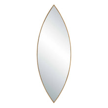 Load image into Gallery viewer, The Ellipse Mirror showcases a petite iron frame that encircles a floating mirror with polished edges. Its deep design highlights the antiqued golden bronze finish.
