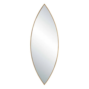 The Ellipse Mirror showcases a petite iron frame that encircles a floating mirror with polished edges. Its deep design highlights the antiqued golden bronze finish.