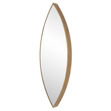 Load image into Gallery viewer, The Ellipse Mirror showcases a petite iron frame that encircles a floating mirror with polished edges. Its deep design highlights the antiqued golden bronze finish.
