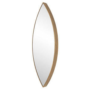 The Ellipse Mirror showcases a petite iron frame that encircles a floating mirror with polished edges. Its deep design highlights the antiqued golden bronze finish.