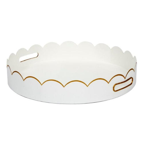 This beautiful metal tray is painted in a high-gloss sheen and has golden detailing along the scalloped edges.