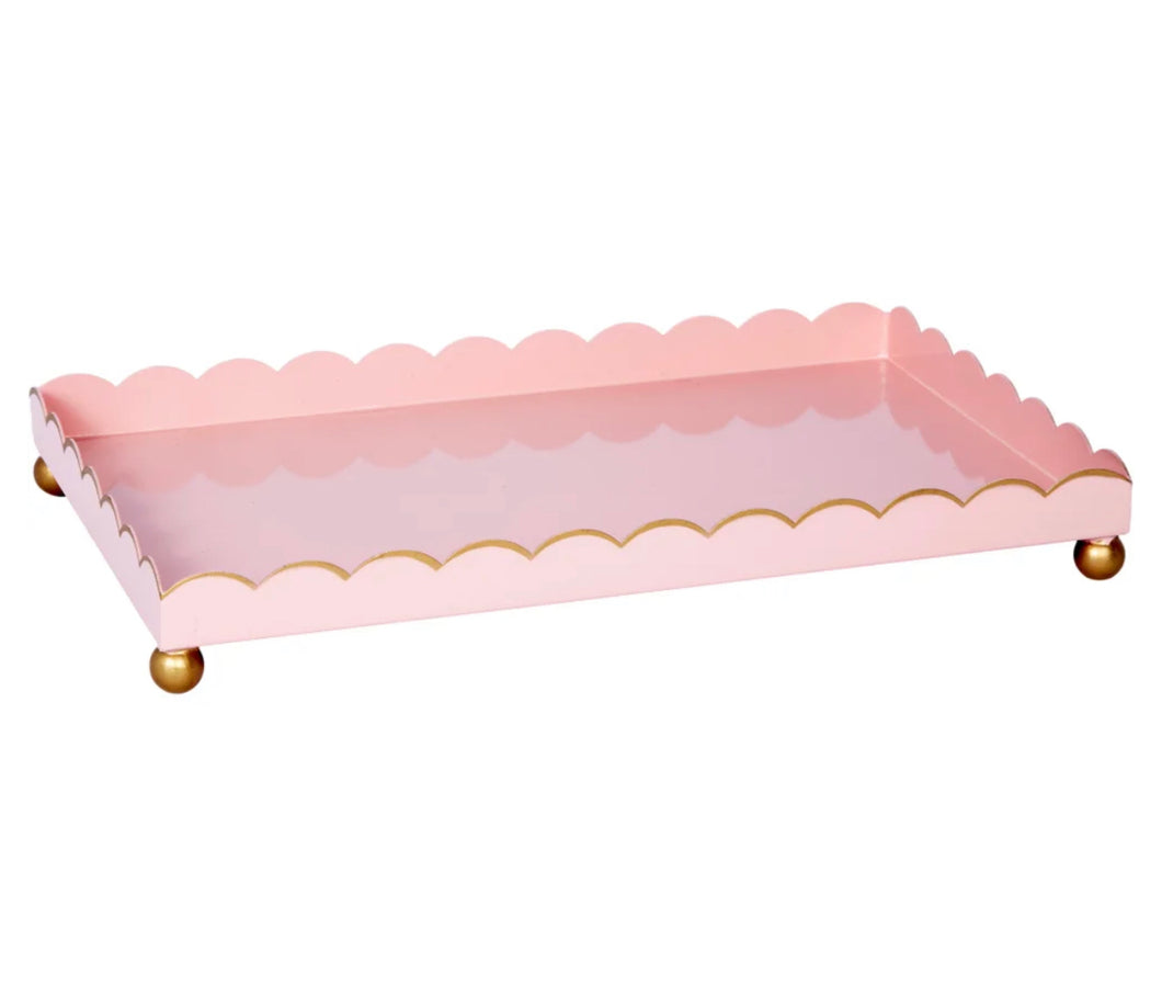 Pink high-gloss metal tray with gold hand-painted trim on the scalloped edges and ball feet.