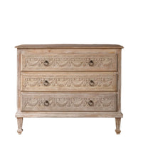 Load image into Gallery viewer, The Garland Estate Chest with a beautiful carved facade and a warm natural finish.
