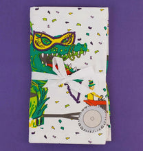 Load image into Gallery viewer, Get ready to party and show off your Mardi Gras spirit with this funky Gator Parade table runner! It&#39;s sure to be a conversation starter and add some festive flair to your celebrations. Nola artist, french quarter, new orleans art, new orleans artist, Southern artist, Louisiana artist, Gulf South artist, original art, artist, mardi gras art, mardi gras, mardi gras floats, carnival
