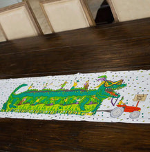 Load image into Gallery viewer, Get ready to party and show off your Mardi Gras spirit with this funky Gator Parade table runner! It&#39;s sure to be a conversation starter and add some festive flair to your celebrations. Nola artist, french quarter, new orleans art, new orleans artist, Southern artist, Louisiana artist, Gulf South artist, original art, artist, mardi gras art, mardi gras, mardi gras floats, carnival
