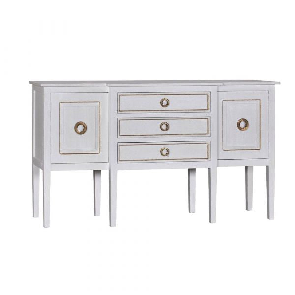 With its undeniable popularity, our Gilded Hampton Sideboard needs no introduction. This luxurious piece is a crowd favorite, featuring three practical pull drawers and two roomy cabinets adorned with gilded accents and ornate gold hoop pulls. It comes in a stuccoed white finish, making it the perfect addition to a sophisticated and opulent modern setting.