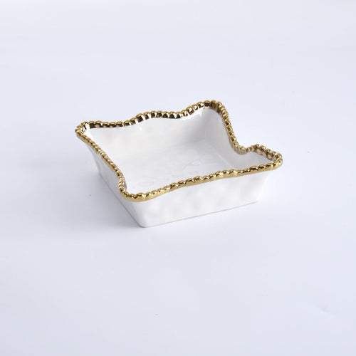 Enhance the visual appeal and sophistication of your dining area with this stunning cocktail napkin holder. Doubles as servingware to present delectable pastries and fresh fruit. Made of high-quality white porcelain with shimmering gold beads made of titanium.