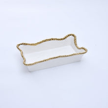 Load image into Gallery viewer, Perfect for organizing cloth or paper dinner napkins at your next gathering or rolled hand towels in a powder room. Doubles as servingware to present delectable pastries and fresh fruit. Made of high-quality white porcelain with shimmering gold beads made of titanium.
