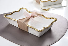 Load image into Gallery viewer, Perfect for organizing cloth or paper dinner napkins at your next gathering or rolled hand towels in a powder room. Doubles as servingware to present delectable pastries and fresh fruit. Made of high-quality white porcelain with shimmering gold beads made of titanium.
