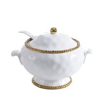 Load image into Gallery viewer, Our Golden Beaded Soup Tureen Ladle set is designed for effortless serving of your favorite soups and stews. Upgrade your dining experience with this elegant and functional set. Made of high-quality white porcelain with shimmering gold beads made of titanium.
