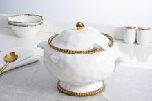 Load image into Gallery viewer, Our Golden Beaded Soup Tureen Ladle set is designed for effortless serving of your favorite soups and stews. Upgrade your dining experience with this elegant and functional set. Made of high-quality white porcelain with shimmering gold beads made of titanium.
