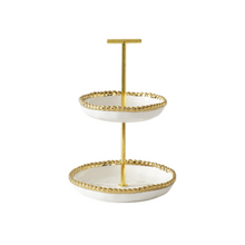 Load image into Gallery viewer, Elevate the style and functionality of your kitchen, bathroom, or coffee table with this mini two-tiered stand. This stand is perfect for showcasing appetizers or desserts during gatherings and dinners. Made of high-fired white porcelain, it features stunning titanium-plated gold beading that adds a touch of sophistication.
