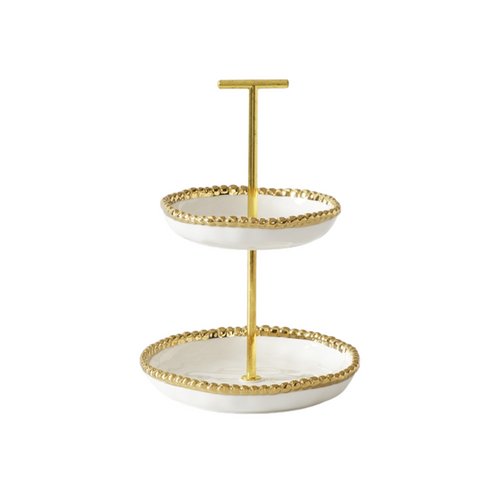 Elevate the style and functionality of your kitchen, bathroom, or coffee table with this mini two-tiered stand. This stand is perfect for showcasing appetizers or desserts during gatherings and dinners. Made of high-fired white porcelain, it features stunning titanium-plated gold beading that adds a touch of sophistication.