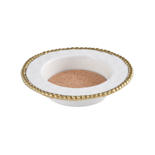 Load image into Gallery viewer, This wine bottle coaster&#39;s cork insert ensures no drips or condensation will ruin your table, making it perfect for both wine and water bottles. A sophisticated gift option or the perfect addition to your own collection. Made with gleaming white porcelain and adorned with lustrous gold beads in titanium.
