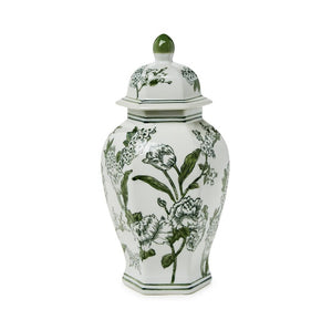 Brighten up your place with the stunningly beautiful Hand-Painted Green and White Temple Jar. This 14" chinoiserie work of art brings a touch of class to any space. Each jar is hand-crafted and hand-painted, making it a truly unique and sophisticated addition to your home decor.