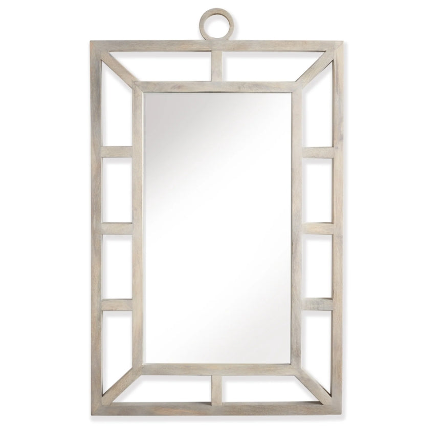 Crafted from mango wood and enhanced with a white wash finish, this contemporary mirror boasts a sleek and polished design. Its airy and open structure creates a dynamic aesthetic, allowing the color of your wall to shine through.