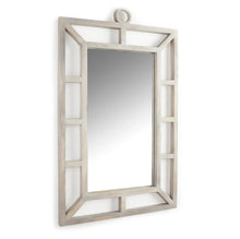 Load image into Gallery viewer, Crafted from mango wood and enhanced with a white wash finish, this contemporary mirror boasts a sleek and polished design. Its airy and open structure creates a dynamic aesthetic, allowing the color of your wall to shine through.
