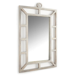 Crafted from mango wood and enhanced with a white wash finish, this contemporary mirror boasts a sleek and polished design. Its airy and open structure creates a dynamic aesthetic, allowing the color of your wall to shine through.