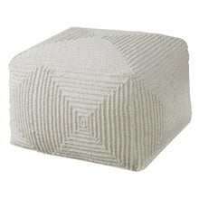 Load image into Gallery viewer, Crafted with 100% wool, this pouf features a soft ivory color and geometric accents. The oversized design makes it ideal for use as a footrest or extra seating, providing both comfort and style to any living space.
