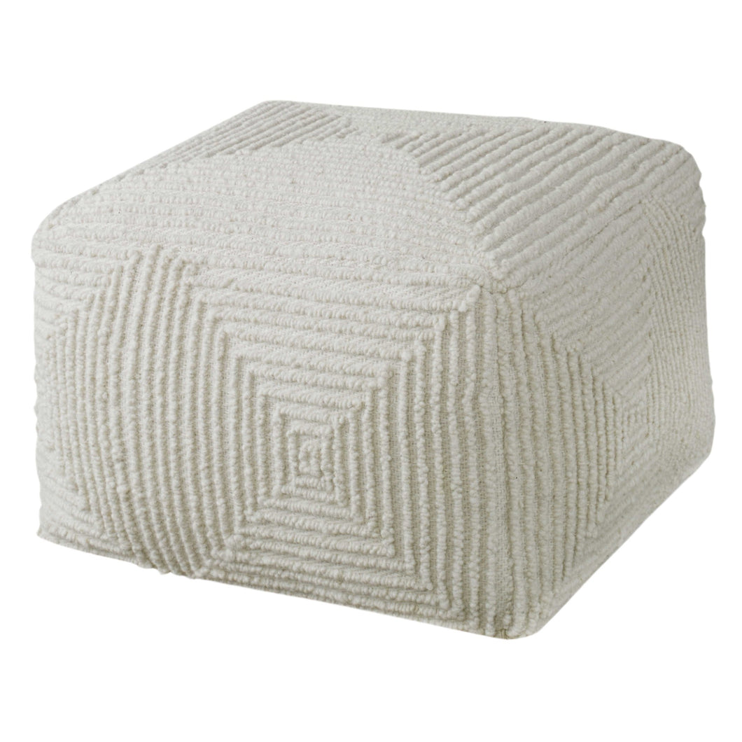 Crafted with 100% wool, this pouf features a soft ivory color and geometric accents. The oversized design makes it ideal for use as a footrest or extra seating, providing both comfort and style to any living space.