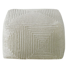 Load image into Gallery viewer, Crafted with 100% wool, this pouf features a soft ivory color and geometric accents. The oversized design makes it ideal for use as a footrest or extra seating, providing both comfort and style to any living space.
