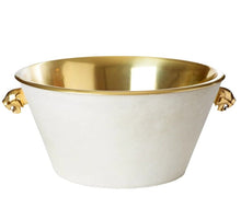 Load image into Gallery viewer, This champagne cooler is a necessary addition for any host. Its insulated double walled brass container is adorned in genuine white cowhide, with Jaguar brass heads serving as the handles. The perfect blend of one-of-a-kind design and sophistication!
