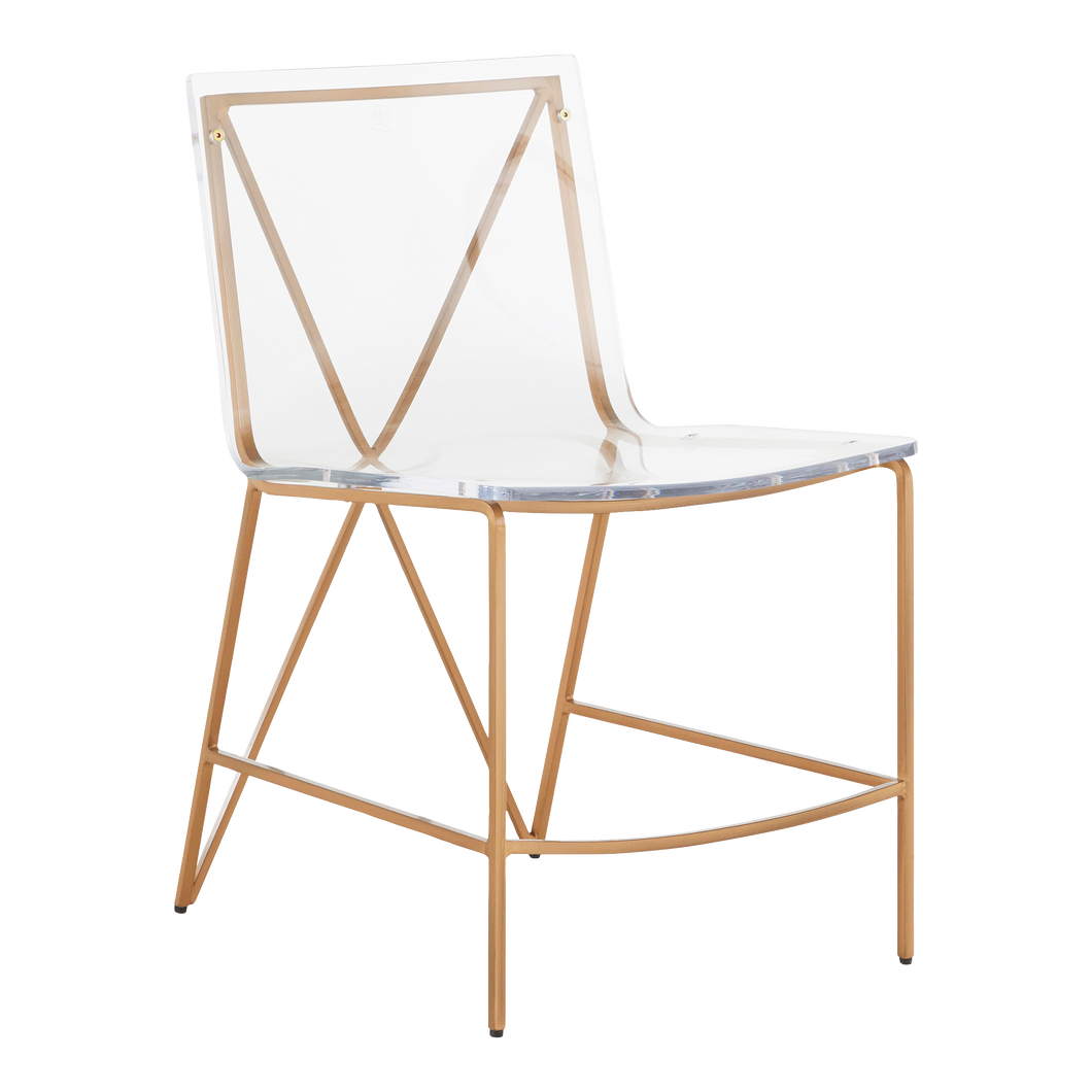 Featuring an antique gold metal x-motif frame and an acrylic seat, the Johnson Dining Chair is an ideal choice for updating a dining table or writing desk with a modern touch.