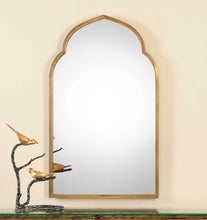 Load image into Gallery viewer, This mirror boasts a Moroccan-inspired design crafted from forged metal, and is hand finished in a luxurious antiqued gold.
