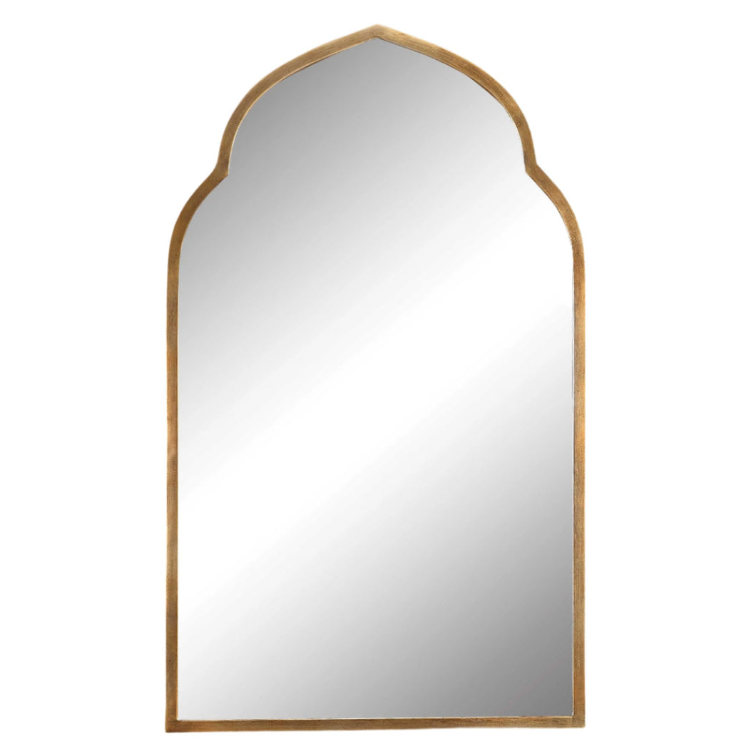 This mirror boasts a Moroccan-inspired design crafted from forged metal, and is hand finished in a luxurious antiqued gold.