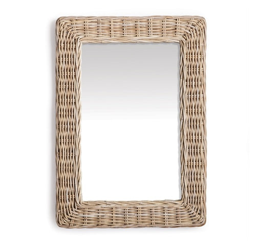 This stunning mirror is tailored for open concept spaces. Designed with a large gauge woven rattan frame, it exudes sophistication. Whether displayed horizontally or vertically, it is a magnificent addition to any bedroom, entryway, or foyer.